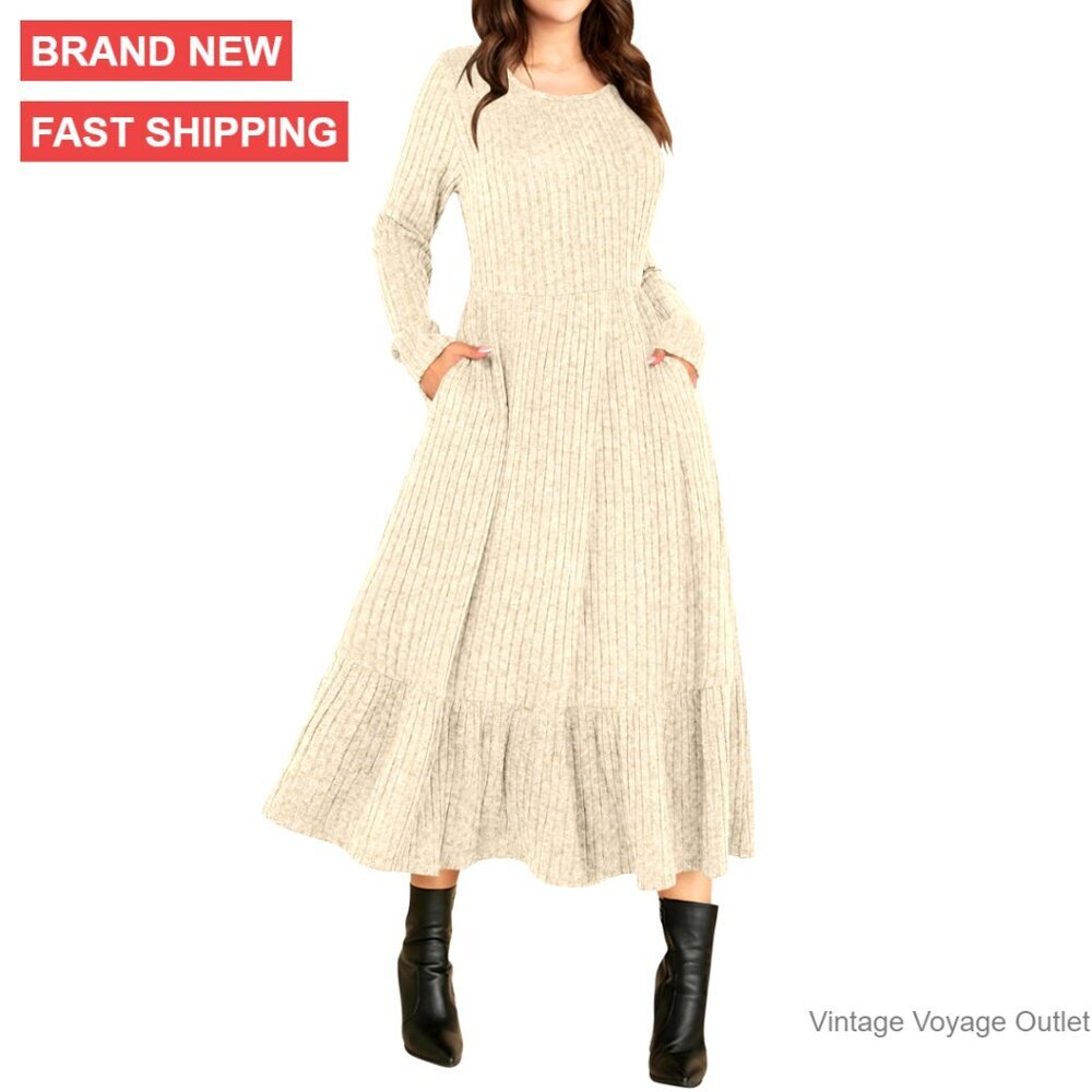 Long Sleeve Midi Dress Rib Knit A Line Pocket Casual Flowy Swing